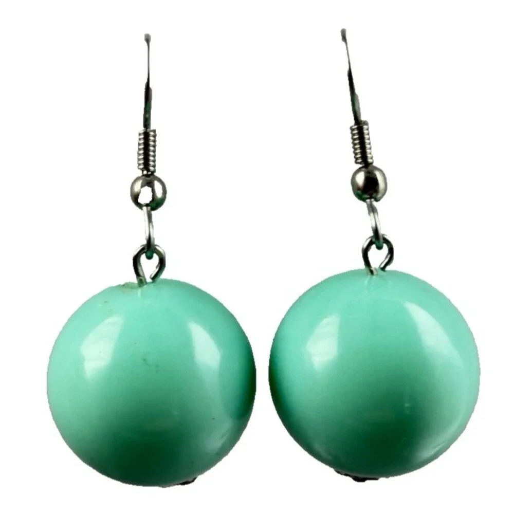 Vintage Turquoise Lucite Ball Drop Earrings Aqua Green Orb Retro Mod 1960s